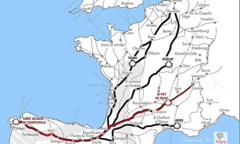 Mapa de etapas del camino de Santiago francés desde Puy en Velay Francia